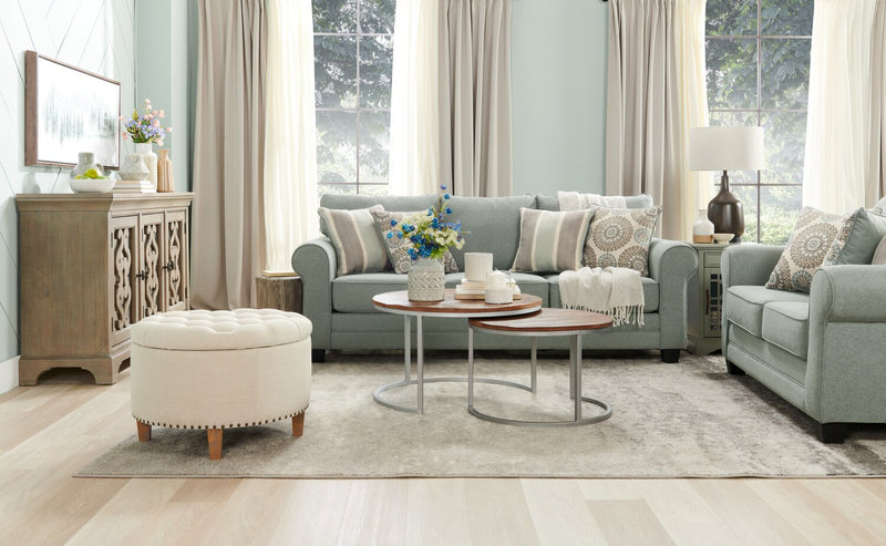 Made in Canada Tula 65\" Fabric Loveseat with Rolled Arms and Accent Pillows - Mist Grey 