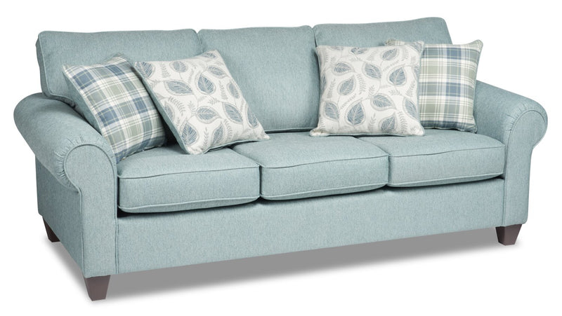Made in Canada Scarlett 87\" Chenille Fabric Sofa with Rolled Arms and Accent Pillows - Marine Blue