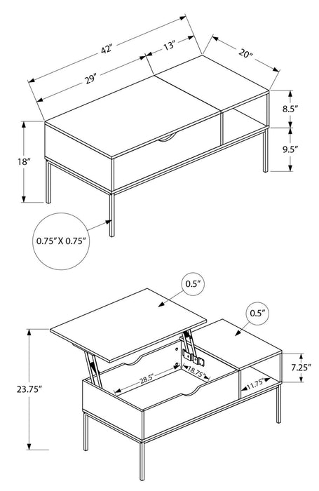 Bence 42\" Modern Lift Top Coffee Table with Storage - Taupe with Black Metal Legs