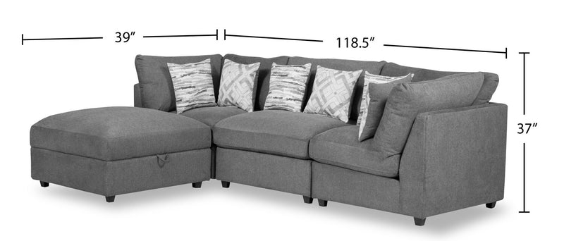 Scott Living Evolve Modular 4-Piece Linen-Look Fabric Sectional with Ottoman and Feather Down Cushions - Charcoal Grey