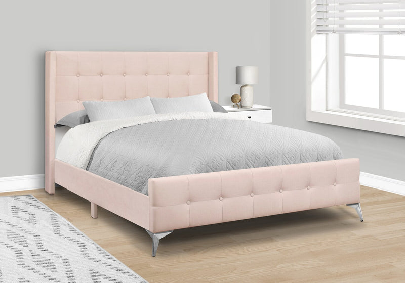 Zara Upholstered Bed in Pink Linen-Look Fabric - Button Tufted - Queen Size