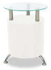 Savon  17.72\" Modern Round Glass Top End Table with Shelf - White Wood and Chrome 