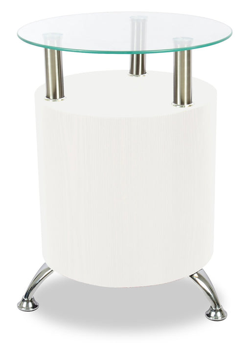 Savon  17.72\" Modern Round Glass Top End Table with Shelf - White Wood and Chrome 