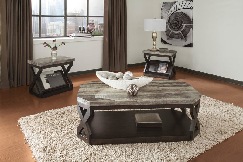 Radilyn 48.13\" Traditional 3-Pack Coffee + 2 End Tables with Shelf and Casters - Faux Marble Top with Dark Brown Wood Base