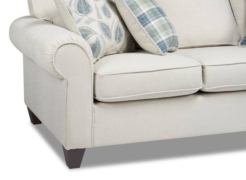 Made in Canada Scarlett 87\" Chenille Fabric Sofa with Rolled Arms and Accent Pillows - Ecru Beige