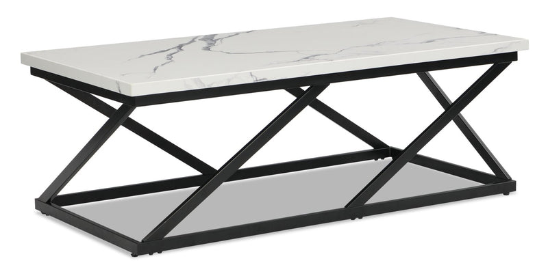 Verona 47.25\" Modern Coffee Table - White Marble Look with Black Metal Base