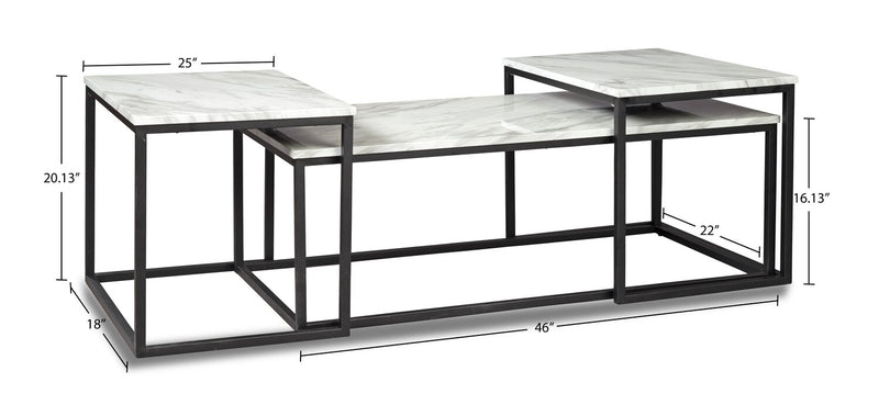 Donnesta 46\" Modern 3-Pack Coffee + 2 End Tables - Marble Look with Black Metal Frame
