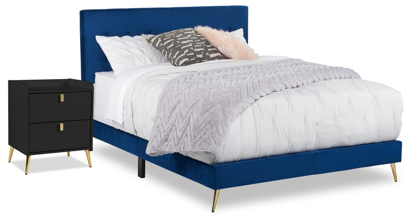 Gabi Upholstered Bed in Blue Velvet Fabric with Gold Finish Legs, Button Tufted - King Size