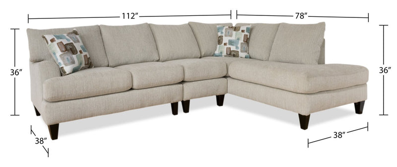 Made in Canada Nofia 3-Piece Right-Facing Chenille Fabric Sectional with  Accent Pillows and Wood Legs - Linen Beige