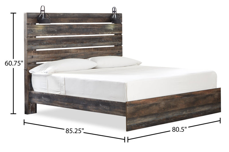 Abby Panel Bed with Headboard & Frame, LED, USB, Brown - King Size