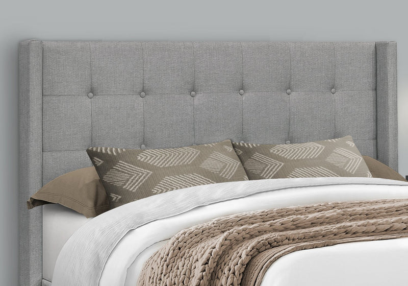 Zara Upholstered Bed in Grey Linen-Look Fabric - Button Tufted - Queen Size