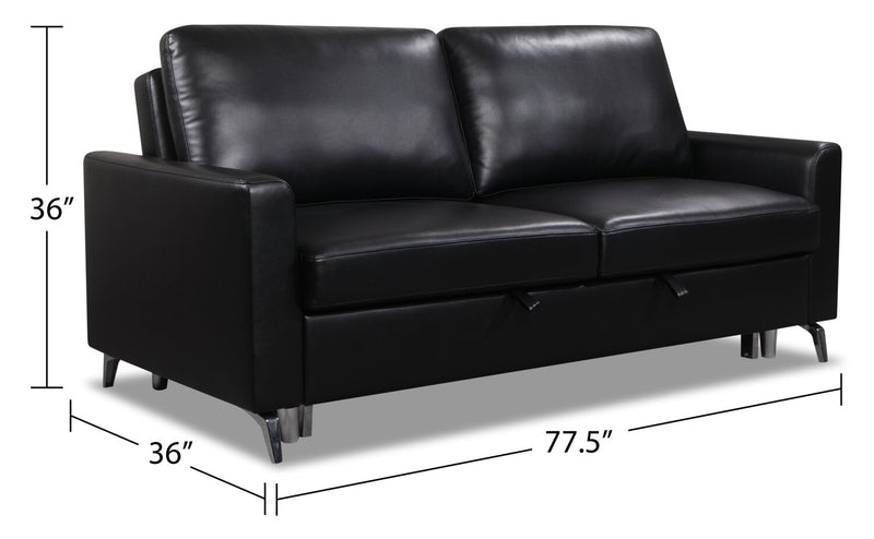 Wilson 77.5\" Leather-Look Fabric Sleeper Sofa with Drop-Down Back Cushions and Metal Legs - Black