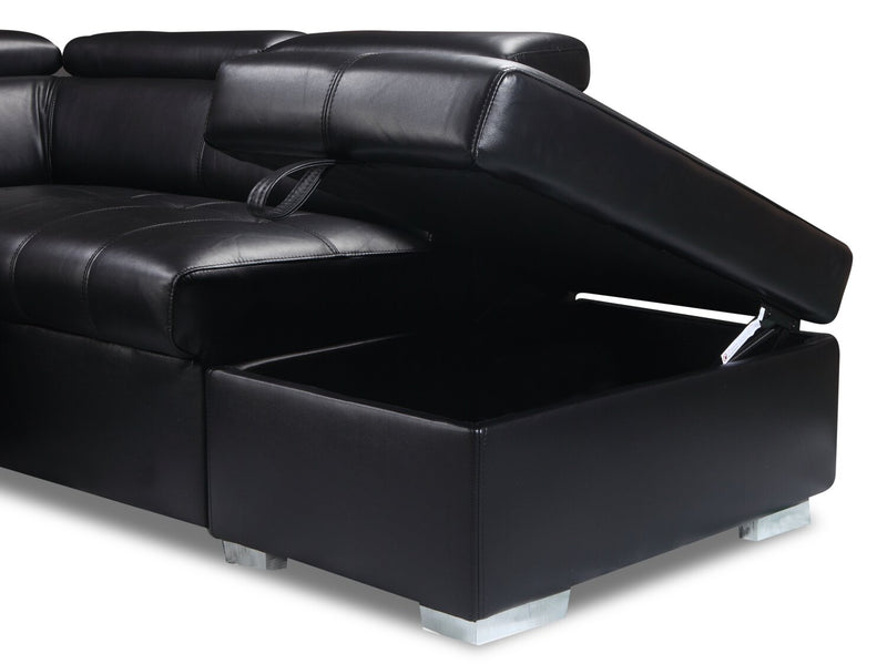 Drake 3-Piece Right-Facing Leather-Look Fabric Sleeper Sectional with Storage Ottoman - Black