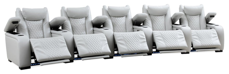 Cinema 6-Piece Leather-Look Fabric Home Theatre Power Reclining Sectional with Power Headrests - Cosmic Fog Grey