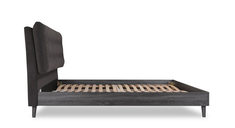 Nash Upholstered Platform Bed in Dark Grey Fabric, Button Tufted - King Size