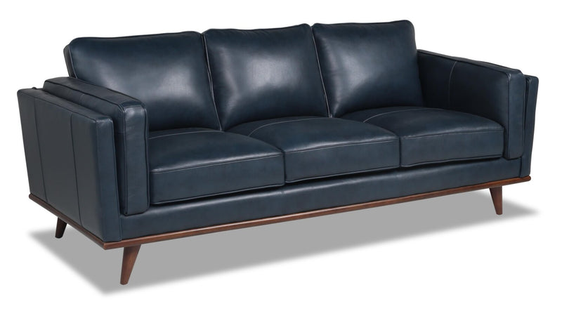 Vivia 86\" Genuine Leather Sofa with Removable Seat Cushions and Wood Base - Navy Blue