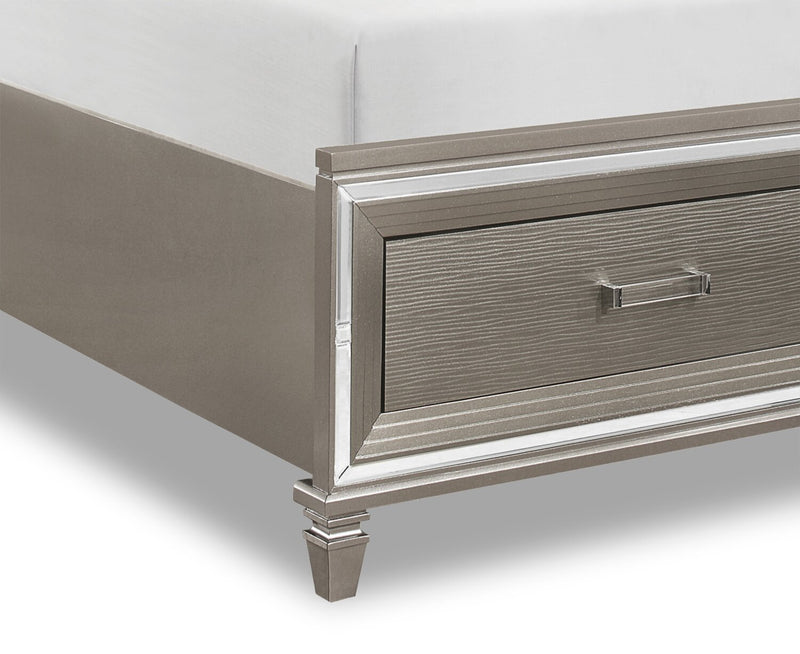 Max Platform Storage Bed with Headboard & Frame, LED, Vegan Leather, Glam, Silver - King Size