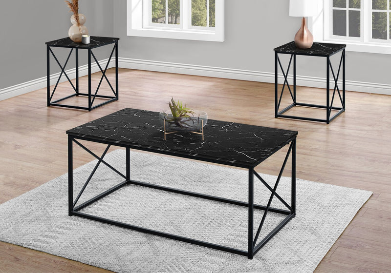 Kasey 42.25\" Modern 3-Pack Coffee + 2 End Tables - Black Marble Look with Black Metal Base