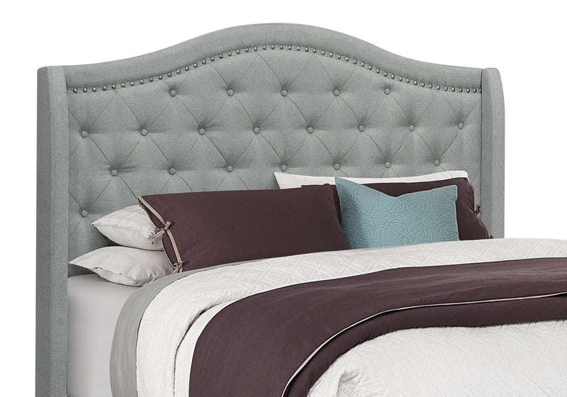 Penelope Upholstered Wingback Bed in Grey Fabric with Nailhead Design, Button Tufted - Queen Size