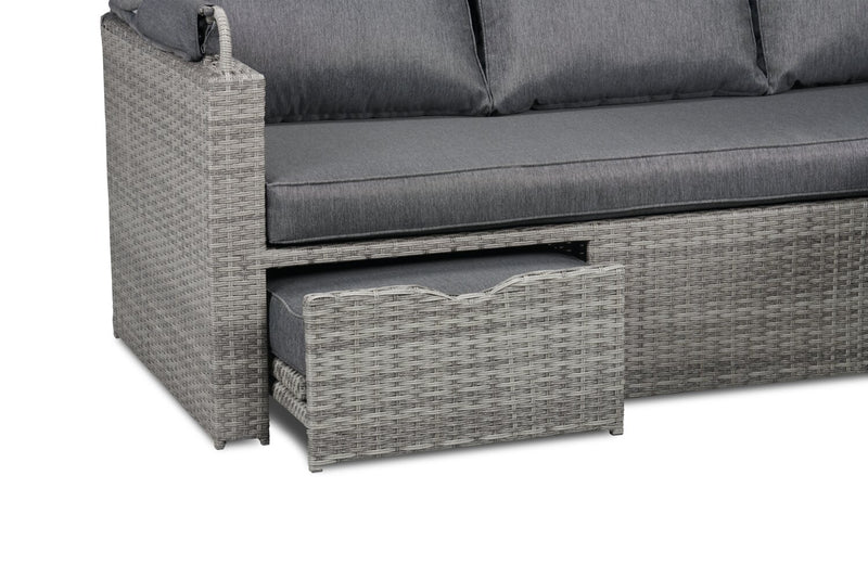Cuba Canopy Outdoor Patio Conversation Set with Canopy Sofa, Ottoman & 2 Self-Storing Ottomans - Hand-Woven Resin Wicker, UV & Weather Resistant - Charcoal