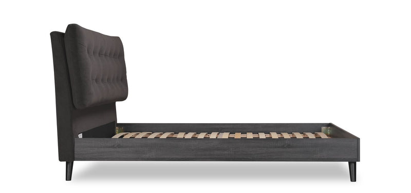 Nash Upholstered Platform Bed in Dark Grey Fabric, Button Tufted - Queen Size