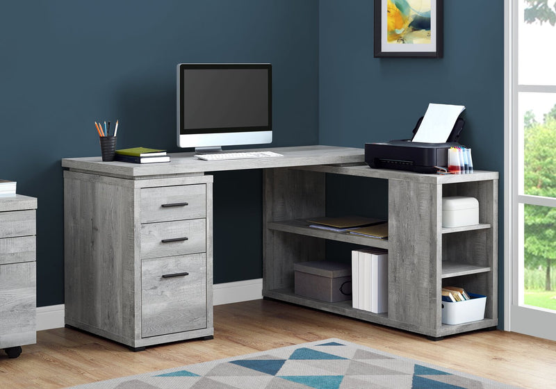Rickey 60\" L-Shaped Corner Office Desk with 3-Drawers & Shelving - Grey