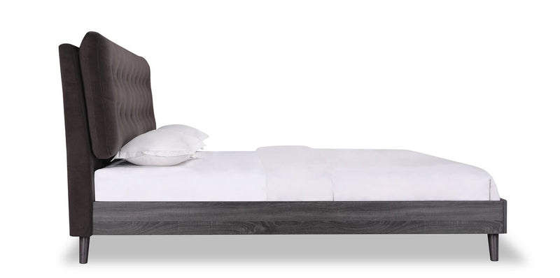 Nash Upholstered Platform Bed in Dark Grey Fabric, Button Tufted - King Size