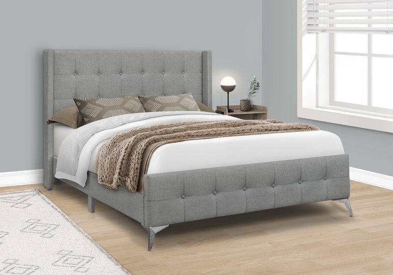 Zara Upholstered Bed in Grey Linen-Look Fabric - Button Tufted - Queen Size