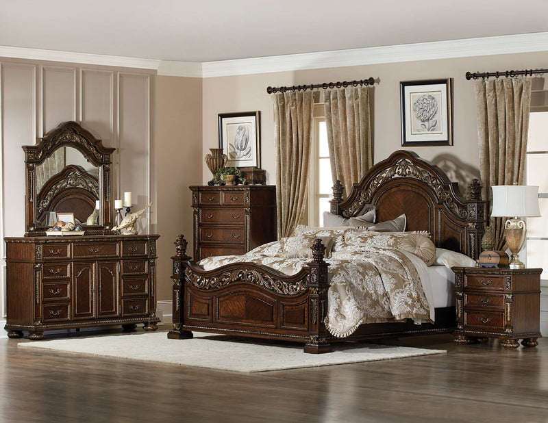 Wynn 5pc Bedroom Set with Bed, Dresser & Mirror, Cherry Brown - Queen Size