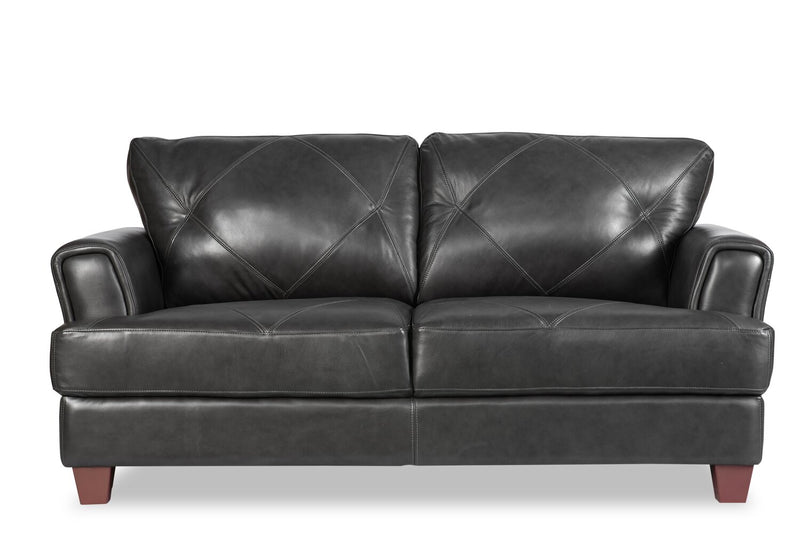 Chateau d’Ax Vita 70\" 100% Genuine Leather Loveseat with Diamond Pattern Stitching and Wood Legs - Charcoal Grey