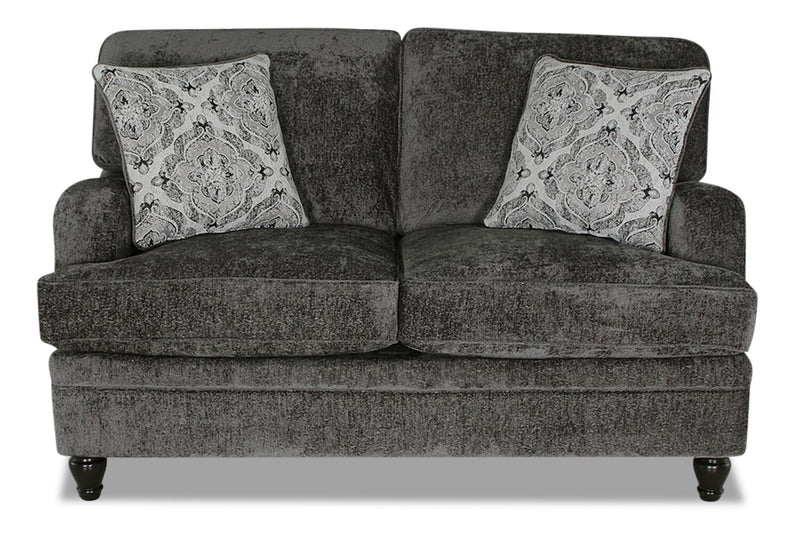 Made in Canada Bellmont 64\" Chenille Fabric Loveseat with Reversible Cushions and Wood Legs - Charcoal Grey