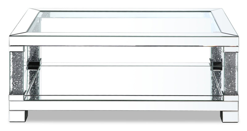 Berni 47.2\" Glam Mirror & Glass Top Coffee Table with Shelf - Silver Metal with Diamond Look Legs