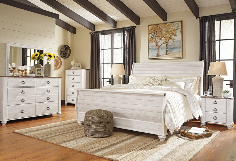 Willowton 5pc Bedroom Set with Sleigh Bed, Dresser & Mirror, Whitewash - King Size