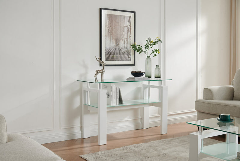 Harvy  50\" Modern  Glaass Top Sofa Table with Shelf - White 