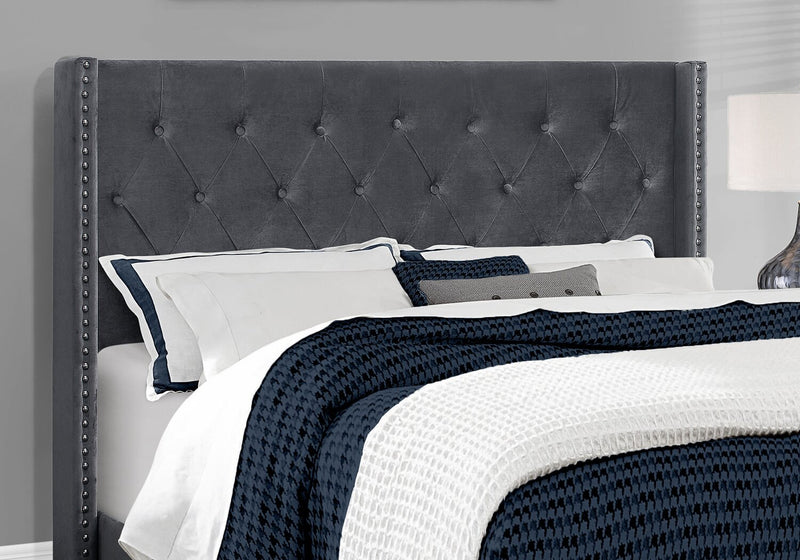 Portia Upholstered Wingback Bed in Dark Grey Velvet Fabric with Nailhead Design, Button Tufted - Queen Size