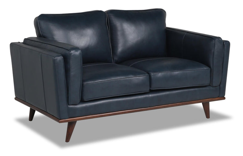Vivia 63\" Genuine Leather Loveseat with Removable Seat Cushions and Wood Base - Navy Blue