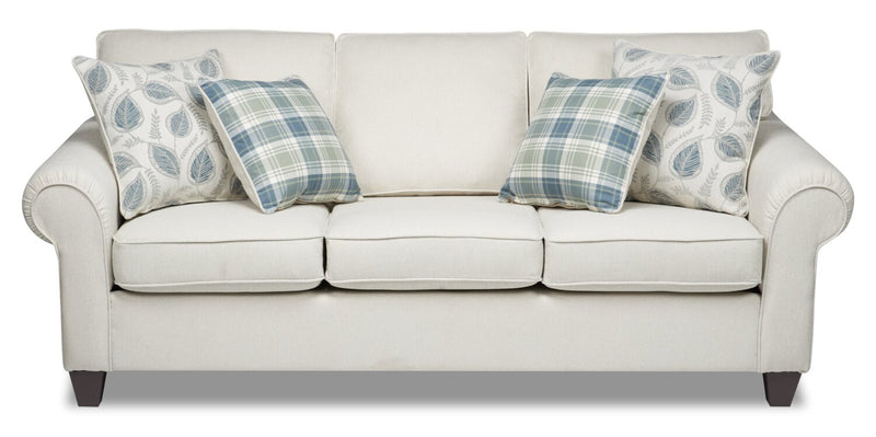 Made in Canada Scarlett 87\" Chenille Fabric Sofa with Rolled Arms and Accent Pillows - Ecru Beige