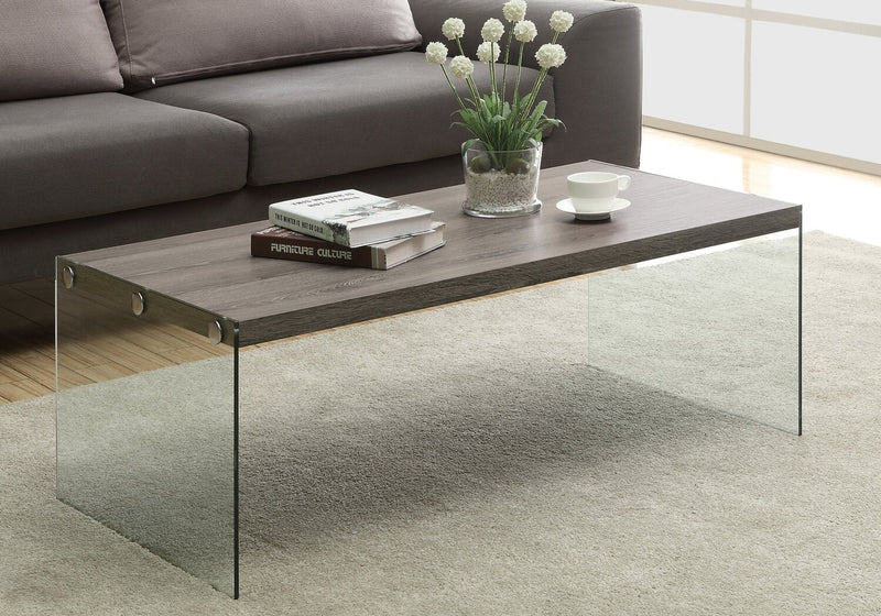 Aria 44\" Modern Coffee Table - Grey-Brown with Glass Base