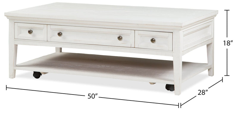 Heron Cove 50\" Traditional Coffee Table With Storage, Shelf and Casters - White Pine