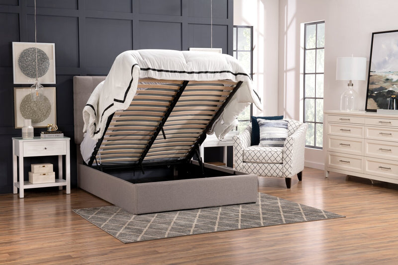 Jace Upholstered Storage Platform Bed in Taupe Fabric, Tufted - Full Size