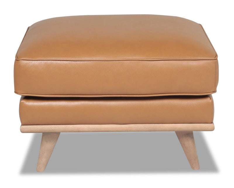 Vivia 28\" Genuine Leather Ottoman with Wood Base - Caramel Brown 