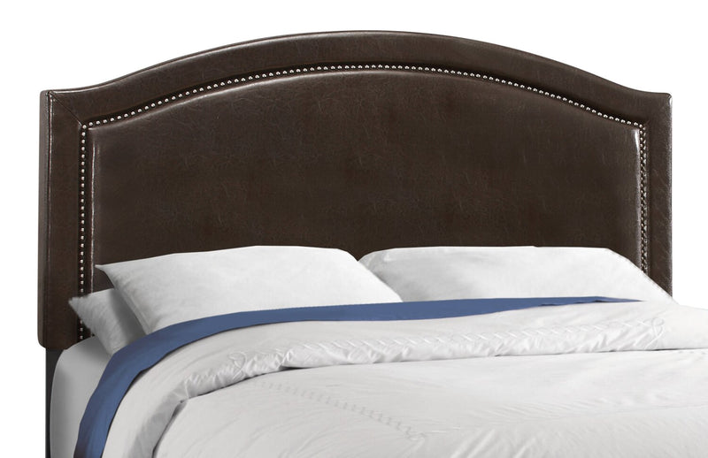 Pearl Upholstered Bed in Brown Vegan-Leather Fabric with Nailhead Design - Queen Size