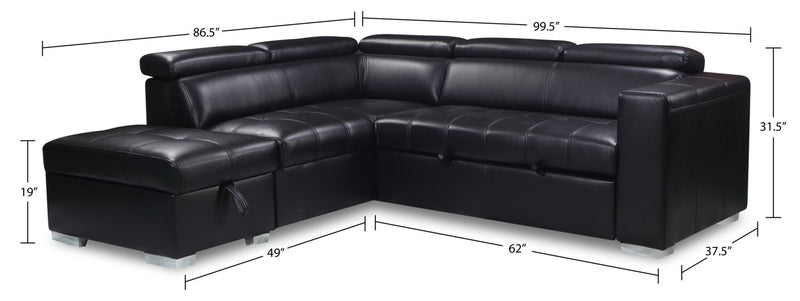 Drake 3-Piece Left-Facing Leather-Look Fabric Sleeper Sectional with Storage Ottoman - Black