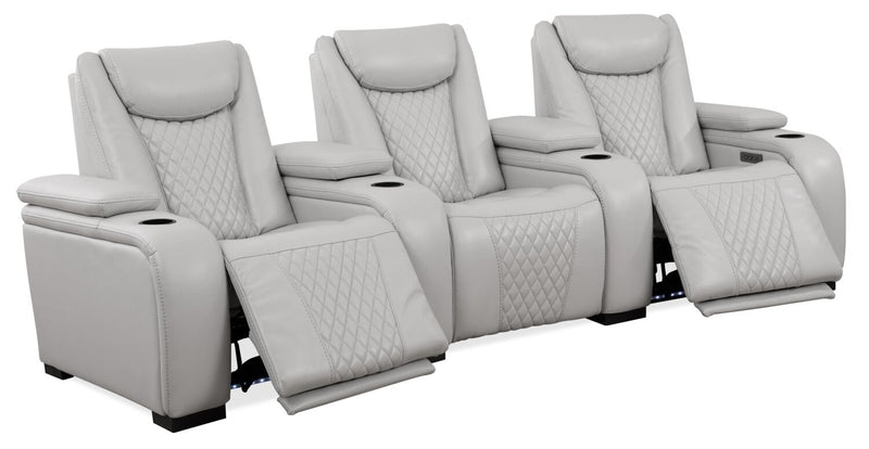 Cinema 112.6\" Leather-Look Fabric Power Reclining Home Theatre Seating with Three Seats - Cosmic Fog Grey