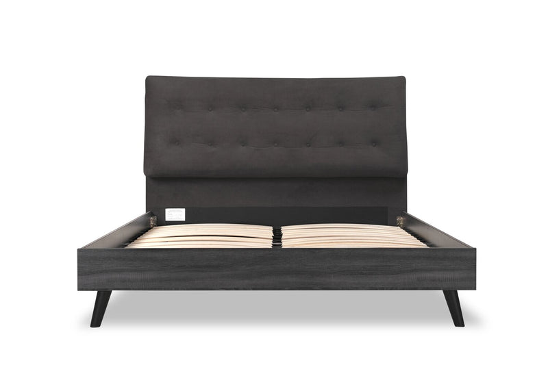 Nash Upholstered Platform Bed in Dark Grey Fabric, Button Tufted - Queen Size