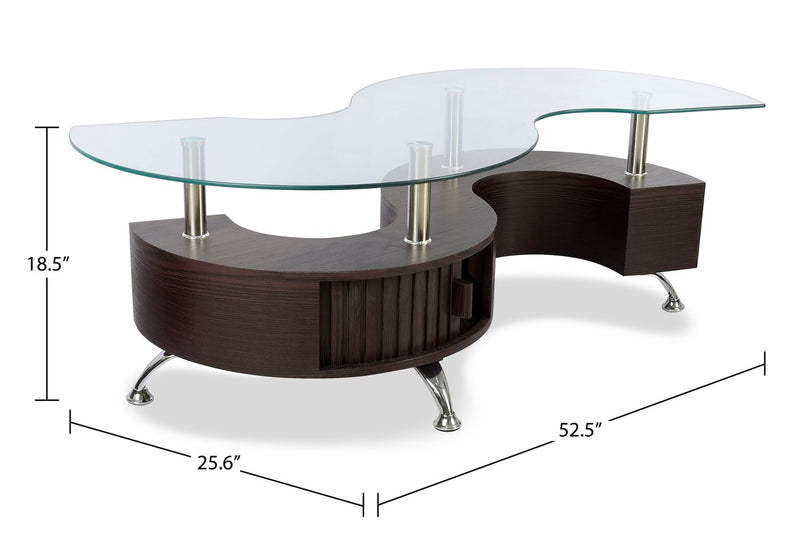 Savon  52.5\" Modern S-shaped 3-Pack Coffee + 2 Ottomans with Storage and Shelf - Dark Walnut Wood and Chrome 
