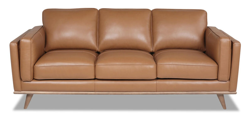 Vivia 86\" Genuine Leather Sofa with Removable Seat Cushions and Wood Base - Caramel Brown 