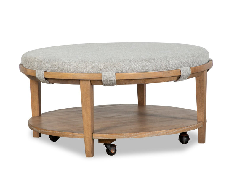 Rhett 38\" Modern Round Coffee Table with Shelf and Casters - Light Brown Wood with Grey Cushion