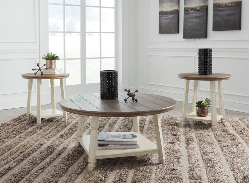 Bolanbrook 40\" Rustic Round 3-Pack Coffee + 2 End Tables with Shelf - Two Tone Wood