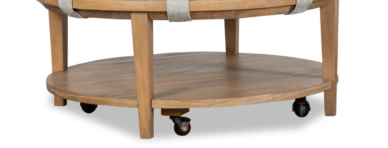 Rhett 38\" Modern Round Coffee Table with Shelf and Casters - Light Brown Wood with Grey Cushion